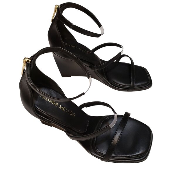 NWOT Tamara Mellon Black Leather Wedge Sandals Women's Size 8.5 - Picture 1 of 7
